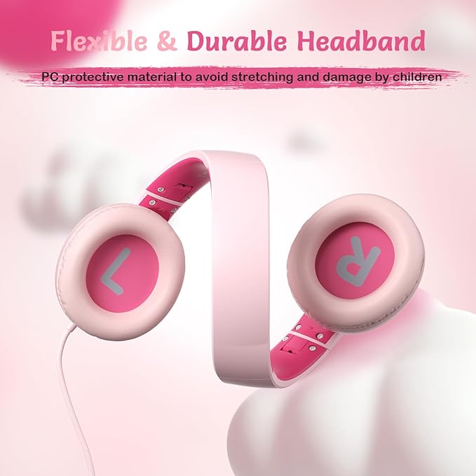Kids Wired Headphones with Microphone, Volume Limited to 85/94dB Pink Earphone for Girls, Foldable 3.5mm Jack Headset for School & Travel, Includes Portable Case