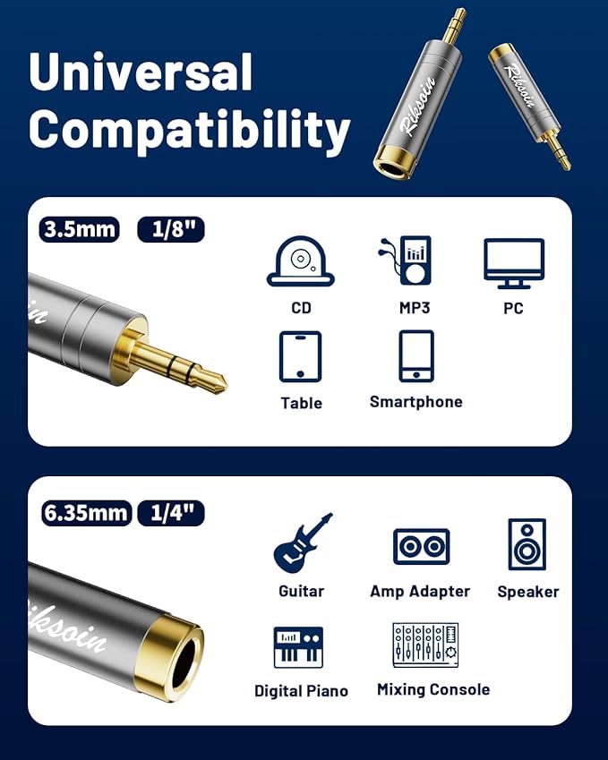 1/4'' to 3.5mm Stereo Pure Copper Headphone Adapter,3.5mm(1/8'') Plug Male to 6.35mm (1/4'') Jack Female Stereo Adapte for Headphone, Amp, Adapte,4-Pack