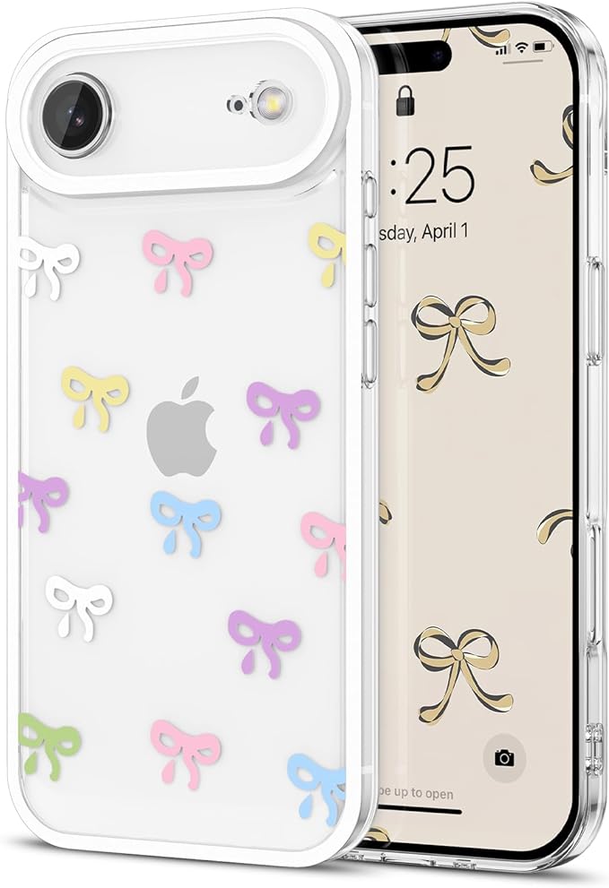EYZUTAK Case for iPhone Air, Clear Cute Ribbon Bowknot Pattern Aesthetic Transparent Phone Case Raised Camera Protection Stylish Slim Soft Durable TPU Protective Cover for Women Girls - Colorful