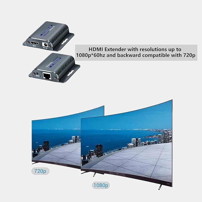 HDMI Extender Over cat6/7 ethernet 60m 1080P@60Hz with POC RJ45 to HDMI Adapter with 5V Power Adapter
