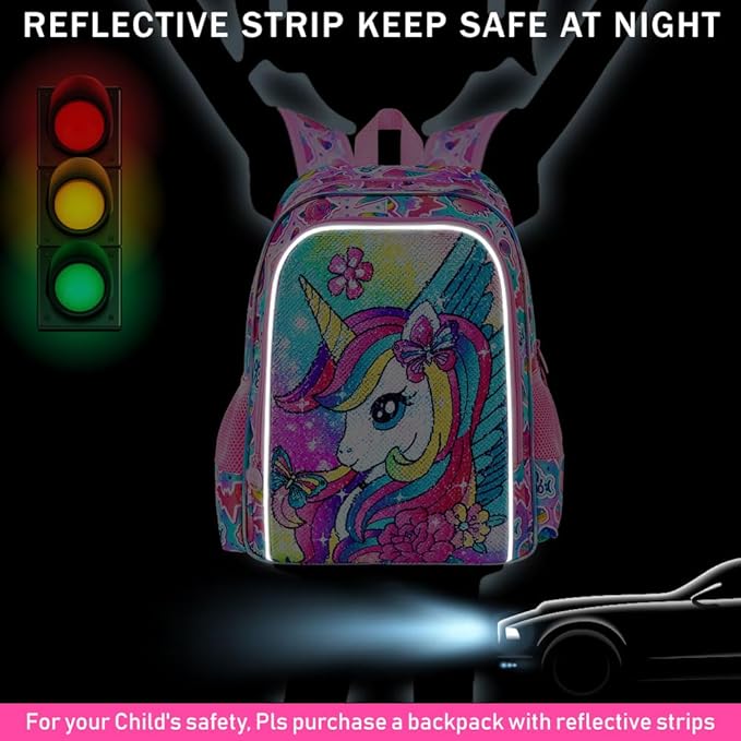 3PCS Unicorn Backpack for Girls, 16" Kids Bookbag with Lunch Box，Sequins School Bags for Elementary Preschool Kindergarten (Pink)