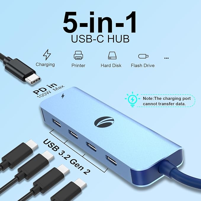 VCOM 10Gbps USB C Hub，5 Ports USB Splitter with 100W Power Delivery，Portable USB C Multiport Adapter Compatible with MacBook Pro/Air, Surface Pro, Dell, HP, Microsoft, Not Support Monitor (Blue)