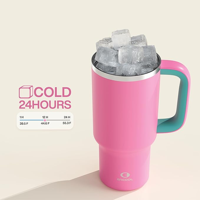 32 oz Tumbler with Handle and Straw: Stainless Steel Insulated Tumbler Keeps Cold for 24 Hours, Leakproof Travel Cup Fits in Cup Holder and BPA-Free,Light Crimson