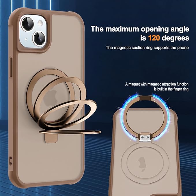 Compatible with iPhone 15 Plus Case with Invisible Magnetic O-Ring Stand Military-Grade Translucent Case for iPhone 15 Plus 6.7" [Compatible with Mag-Safe][Great Grip Feeling],Desert Brown