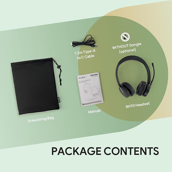 Yealink BH70 Dual (Without Dongle) Wireless Headset with Mic for Work, 164ft Bluetooth Headsets Teams UC Compatible, 35h Talk Life, 147g Lightweight Comfort, Perfect for Open Office Home Hybrid Work