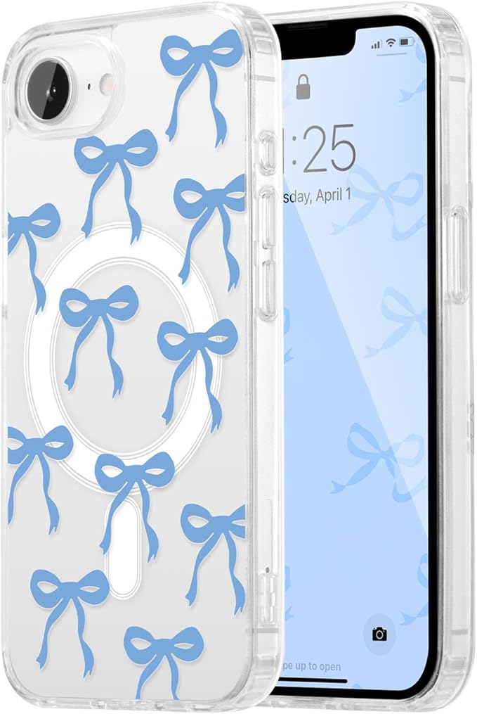 UEEBAI Magnetic for iPhone 16e Case, Bow Case Compatible with MagSafe, Wireless Slim Clear Ribbon Aesthetic Phone Cover Anti-Yellowing Shockproof Protective Cover for Women Girl - Blue