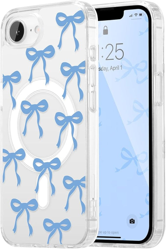 UEEBAI Magnetic for iPhone 16e Case, Bow Case Compatible with MagSafe, Wireless Slim Clear Ribbon Aesthetic Phone Cover Anti-Yellowing Shockproof Protective Cover for Women Girl - Blue