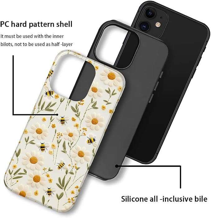 Case for iPhone 11 Case,Bees Sunflowers Design - Hybrid Dual Protection Silicone + Hard PC Shockproof Full Body Cover Slim Anti-Scratch Protective Case for Men Women
