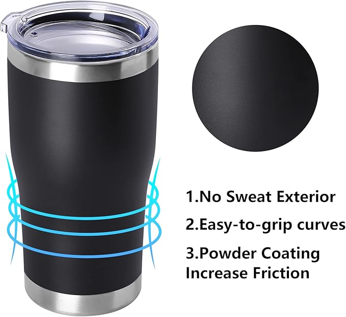 DOMICARE 20oz Tumbler with Lid Stainless Steel Tumblers Bulk, Double Wall Vacuum Insulated Coffee Travel Mug Powder Coated Tumbler, 12 Pack Black