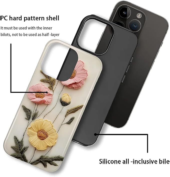 Case for iPhone 16 Pro Case,Faux Embroidery Boho Floral Design - Hybrid Dual Protection Silicone + Hard PC Shockproof Full Body Cover Slim Anti-Scratch Protective Case for Men Women