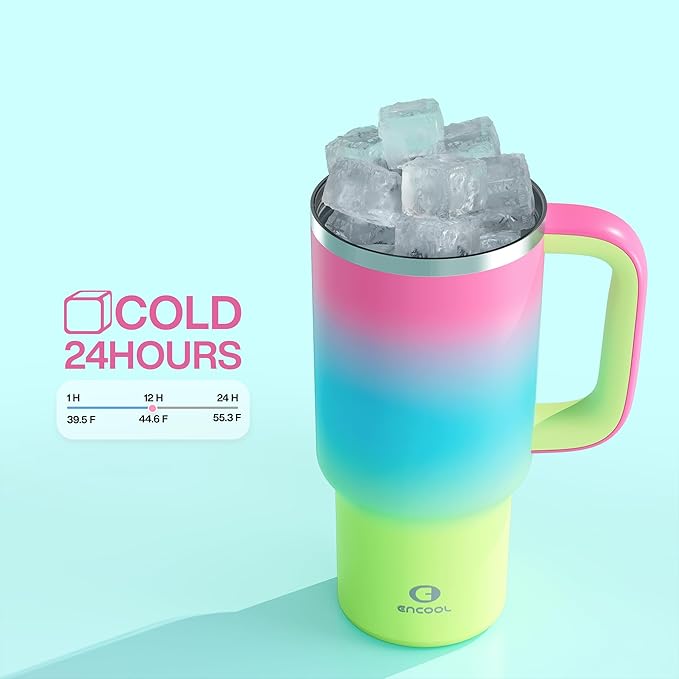 32 oz Tumbler with Handle and Straw: Stainless Steel Insulated Tumbler Keeps Cold for 24 Hours, Leakproof Travel Cup Fits in Cup Holder and BPA-Free, Lime Sorbet