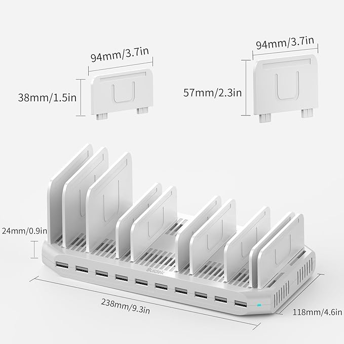 60W 10 Ports USB Charging Station for Multiple Devices, Multiple Charging Station with Adjustable Dividers Compatible with Tablets, Kindle, Smartphones