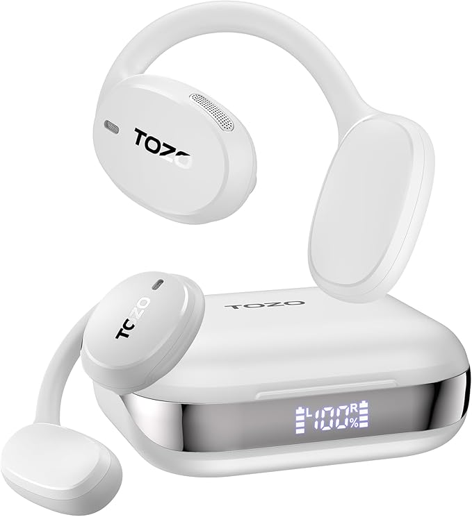 TOZO OpenEgo True Wireless Open Ear Headphone, 5.3 Bluetooth Sport Earbuds with Earhooks for 80H Playback with Digital Display, 32 EQ Modes Dual Mic Clear Call Sweat-Proof for Running Workout White