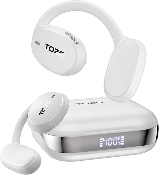 TOZO OpenEgo True Wireless Open Ear Headphone, 5.3 Bluetooth Sport Earbuds with Earhooks for 80H Playback with Digital Display, 32 EQ Modes Dual Mic Clear Call Sweat-Proof for Running Workout White