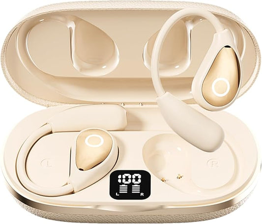 Open Ear Earbuds Wireless Bluetooth Headphones, 60Hrs Playtime Stereo Sound Earphones with IPX7 Waterproof Ear Buds, Ideal for Fitness, Travel - Off White