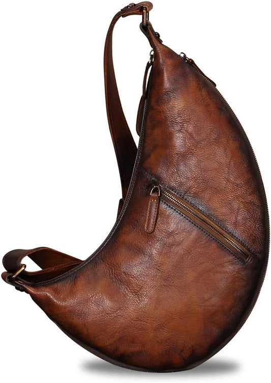 Genuine Leather Large Sling Bag for Men and Women Vintage Real Leather Sling Backpack Shoulder Crossbody Bag Chest Bag
