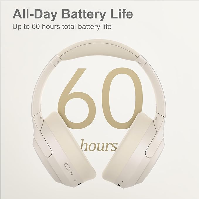 LORELEI QC60 Hybrid Active Noise Cancenlling Headphones,Wireless over ear Bluetooth Headsets with mic, 60H Playtime Foldable Lightweight, Deep Bass, Memory Earmuffs,for Travel Home Office(Beige White)