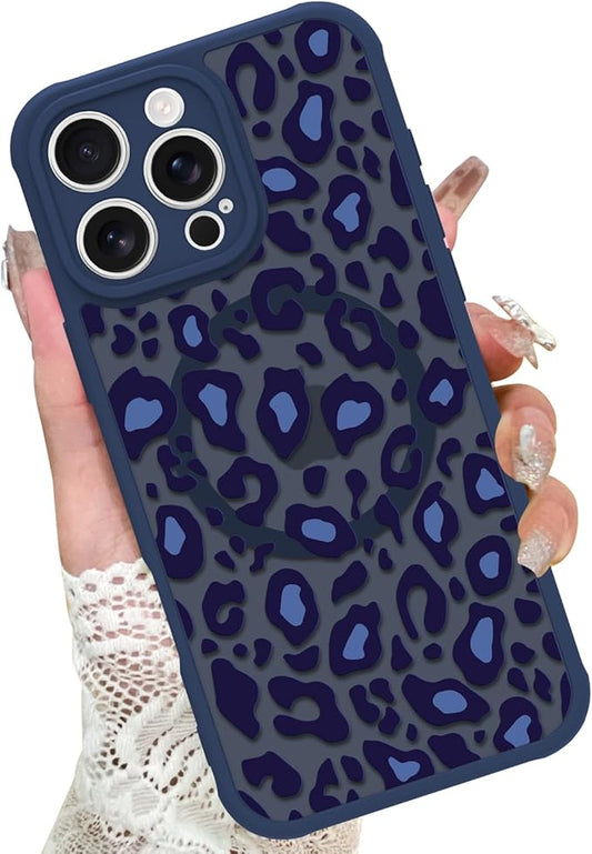 KANGHAR Case for iPhone 16 Pro Blue Leopard Printed Pattern Cute Cheetah [Compatible with Magsafe] Protective Magnetic Case for Girls Women 6.3"