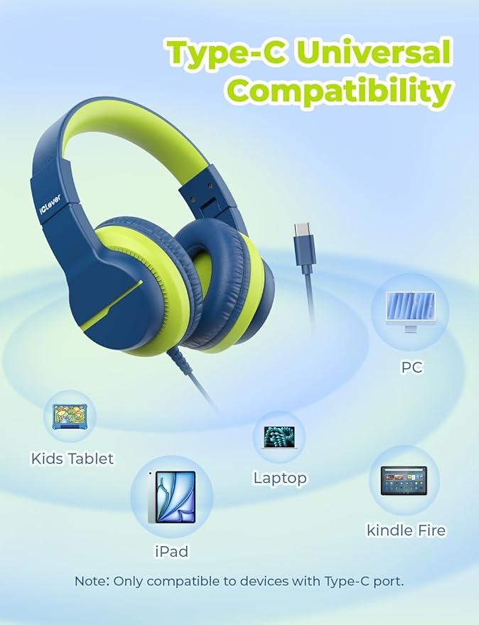 iClever USB C Headphones for Kids, Over-Ear for Boys Girls, Safe Volume 85dBA, Foldable Wired Kids Headphones for iPad, HS19S
