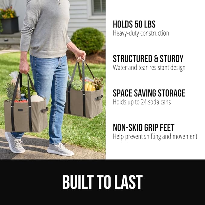 GORILLA GRIP Heavy Duty Foldable Reusable Grocery Bags, 3 Pack, Tear Resistant Box Shape Shopping Tote with Reinforced Handles, Grip Feet, Easily Carry and Transport Groceries, 13x10x11, Beige Black