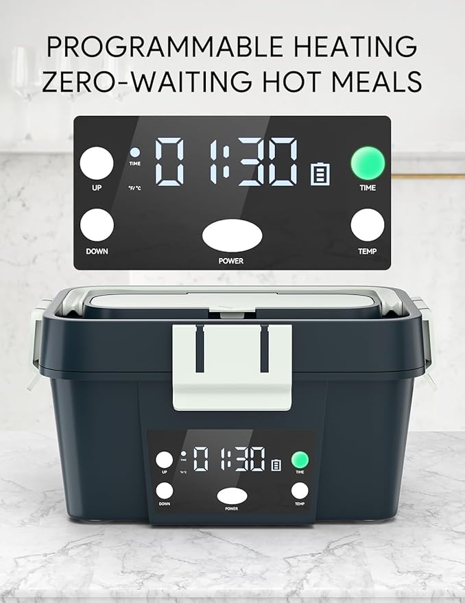 Heated Lunch Box Battery Powered with Automatic Heating, 16,000mAh Cordless Heatable Lunchbox for Adults, 1.6L Portable Food Warmer with Insulated Carry Bag Green