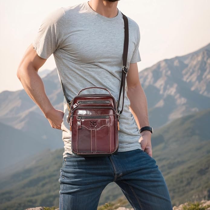 Leather Crossbody Bags for Men Casual Shoulder Bag Travel Messenger Bag Vintage Handbag Multi Pocket Satchel