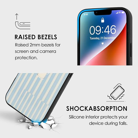 Compatible with iPhone 14 Case with Finger Hand Strap Kickstand, Trendy Cool Striped Phone Case for Women Men, Full Camera Protection Shockproof Protective Cover, White and Blue Stripes