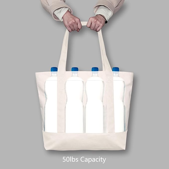 TOPDesign 6-Pack Canvas Tote Bags with an External Pocket, Reusable Grocery Shopping Bags, Top Zipper Closure, Daily Essentials (Natural)