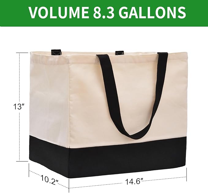 Heavy Duty Canvas Reusable Grocery Bags - 8.3 Gal Foldable Large Tote with Handles, Holds 60 lbs & Washable Eco-friendly Bags with 5 Pockets, Off White Black