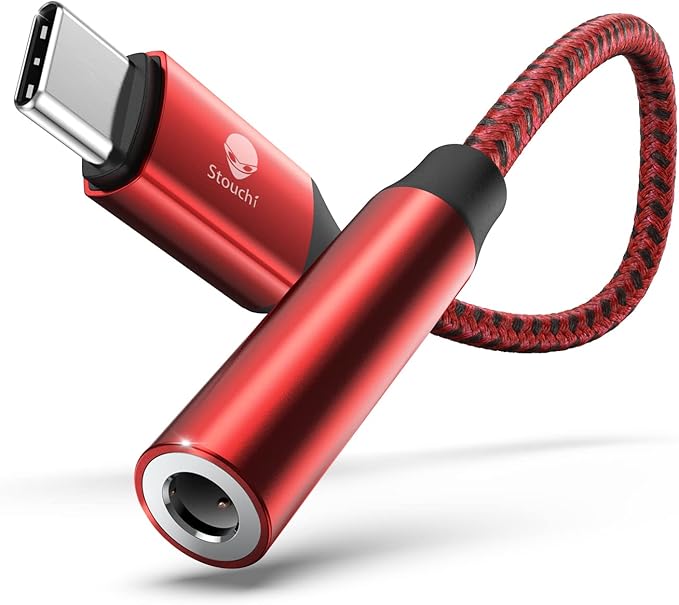 Stouchi USB C to 3.5mm Female Adapter, Type C Headphone Audio Jack Cable Cord Hi-Fi Dongle for Samsung Galaxy S22 S21 Ultra Z Flip Note 20,iPad Mini 6th, Pixel 7/6a - Red