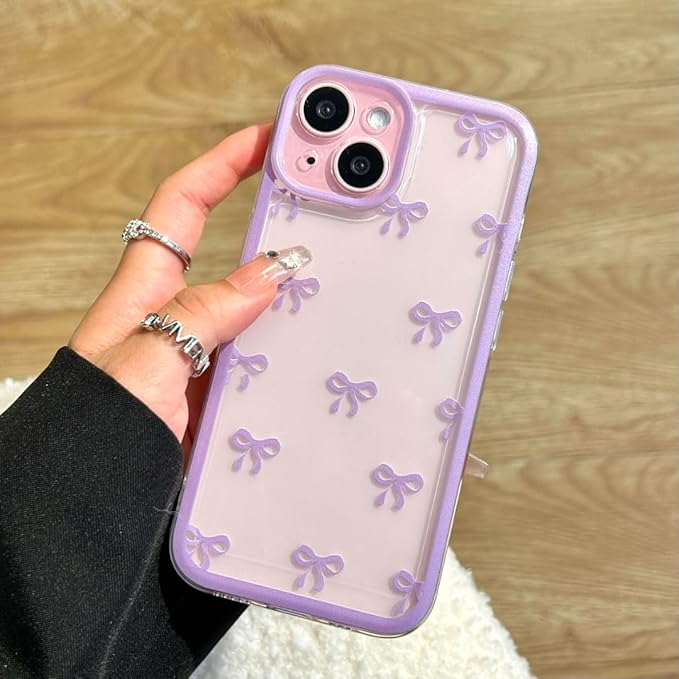 EYZUTAK Case for iPhone 15 Plus, Clear Cute Ribbon Bowknot Pattern Aesthetic Transparent Phone Case Raised Camera Protection Stylish Slim Soft Durable TPU Protective Cover for Women Girls - Purple