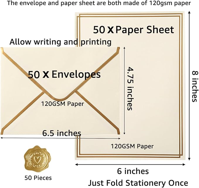 50 Pack Stationery Set with Gold Border, A6 Envelopes and 6x8 Paper Sheets and Stickers for Writing Letters (Cream Color, 6x8 Inches)