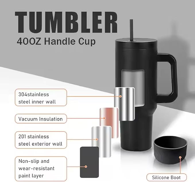 Outdoor Tumbler, 40 oz, Double-Wall Insulated, Ergonomic Handle with Lid Straw (Orange)