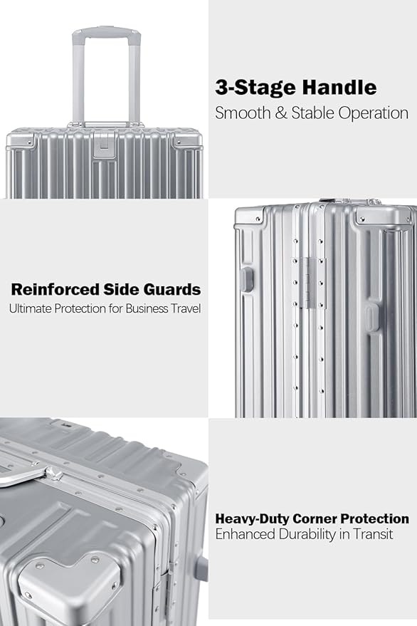 HotWay 26 Inch Aluminum Frame Luggage with Spinner Wheels, PC Hard Shell Suitcase with Cup Holder, Zipperless Luggage for Business Travel, Silver