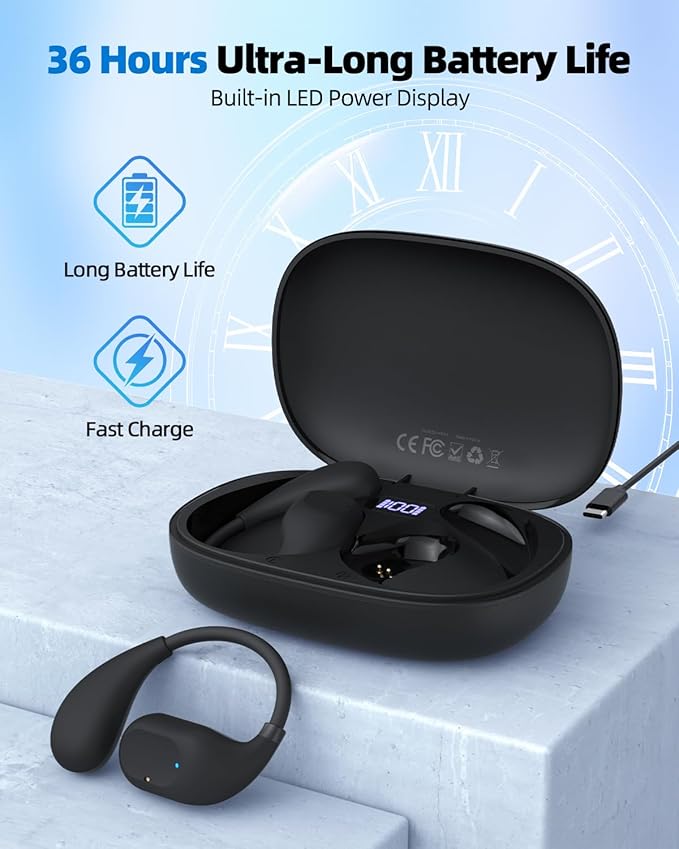 Open Ear Headphones, Wireless Earbuds with Microphone, Bluetooth 5.3 Headphones with Lightweight Design, 36H Playtime, Clear Calls, Touch Control Earphones for Cycling, Running, Workout, Black