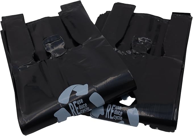 Black Reusable/Eco-Friendly LDPE T-Shirt - Single Bottle Bag 6"X4"X20" - 400 Bags - 57 Micron (2.25 mil) - Black - BLKLD40REC225REUSE6420