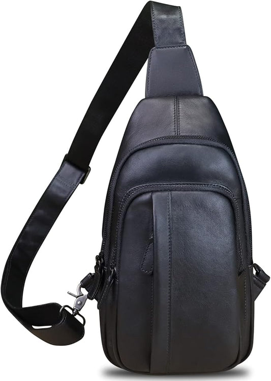 IVTG Genuine Leather Sling Bag Crossbody Casual Hiking Daypack Vintage Handmade Chest Shoulder Backpack Motorcycle Cycling Purses (Black)