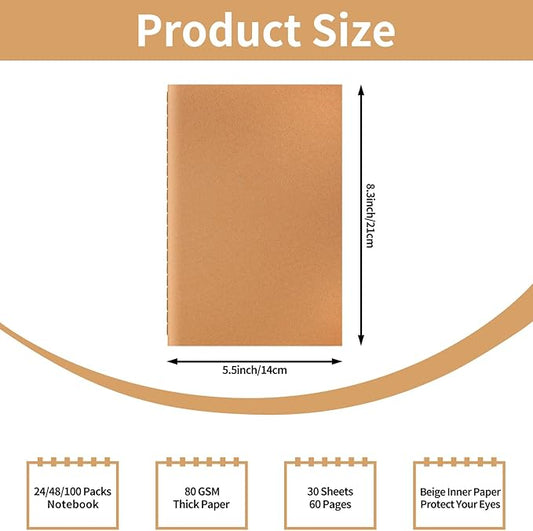 100 Pack A5 Blank Kraft Notebooks Bulk, Journaling Notebooks, Soft Cover Composition Notebook, 8.3x5.5 Inches 60 Pages Travel Journal Notebooks Set for Work, School, Student, Kids, Writing