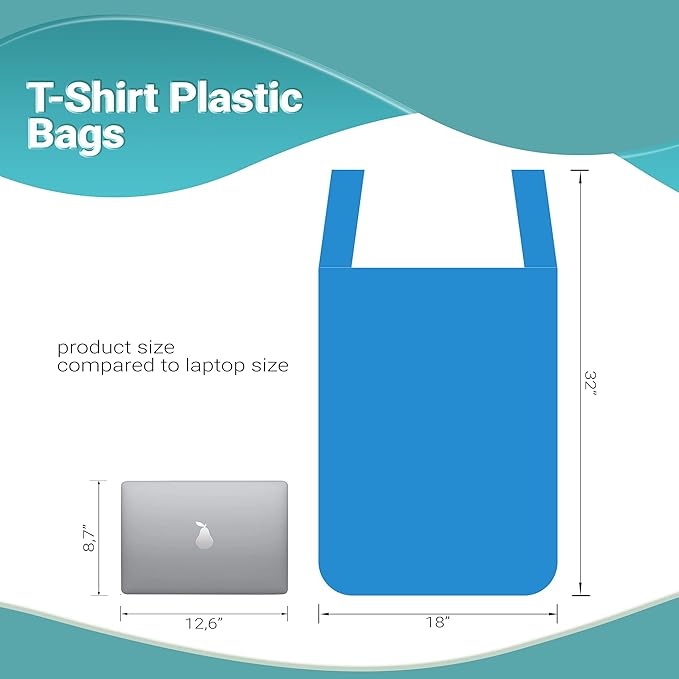 Blue T-Shirt Bags 18 x 8 x 32 Inches. Pack of 400, High Density Polyethylene (HDPE), Unprinted, Handled, Reusable/Recyclable, Perfect for Stores, Restaurants
