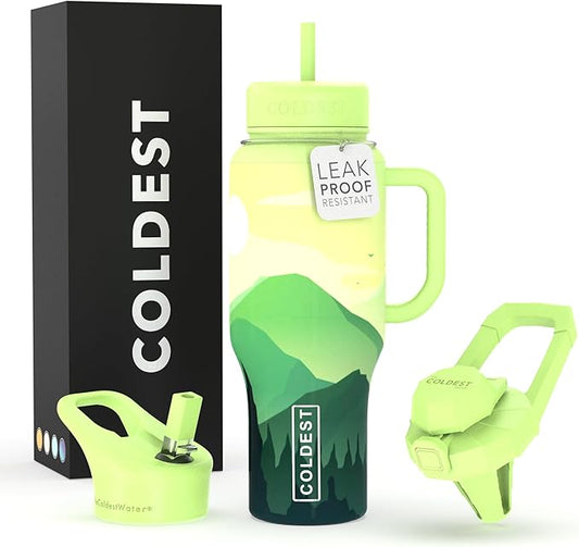 Coldest Tumbler with Handle and Straw - 100% Leak Proof Insulated Tumbler with Lid and Straw (3 Lids) - Stainless Steel Tumblers for Women & Men - Cup Holder Friendly Base, 36 oz (Happy Camper)