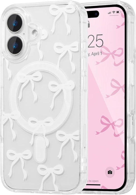 UEEBAI Magnetic for iPhone 17 Case, Bow Case Compatible with MagSafe, Wireless Slim Clear Ribbon Aesthetic Phone Cover Anti-Yellowing Shockproof Protective Cover for Women Girl - White