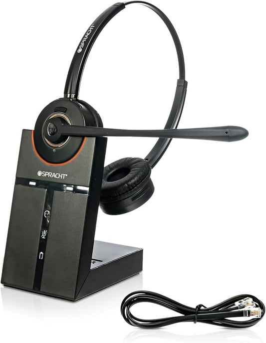 Spracht Wireless Headset - Dual Ear DECT Headset with Mic for Work, 350FT Range, 21 Hour Talk Time, Lightweight, Noise Cancellation, Ideal for Work From Home & Office Workers, Telephone Only HS-2019