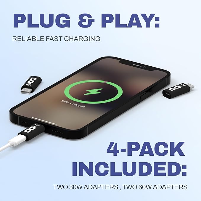 AISLE 3 ESSENTIALS 4-Pack Lightning to USB-C Adapter – Female to Male, 2x 10W & 2x 60W Fast Charging, Type-C Charger Connector for All iPhone 16,15 & Newer Models, iPad, AirPods – Not for Audio
