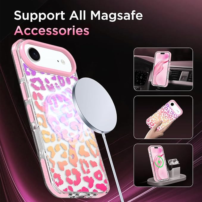 SAKUULO Magnetic for iiPhone Air Case with Screen Protector [Compatible with MagSafe] Colourful Leopard Print Pattern Wireless Charge Strengthen Protection Cover Colourful Leopard (6.7")
