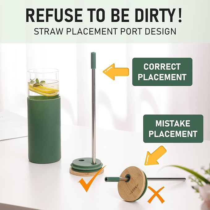 Glass Tumbler w/Lids & Straw - 24oz Reusable Glass Mug/Bamboo Lid & Stainless Steel Straw-BPA Free, Leak-Proof, Dishwash Safe for Coffee, Smoothies, Hot Beverages, Travel, Office, Home Use，2-PK