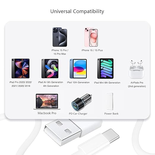 3 Pack iPhone 16 Car play Cable USB A to USB Type C Charging Charger for iPhone 17 Air/16e 16 Plus 15 Pro Max Plus Data Cord, iPad Pro 12.9 10 Gen,Samsung Galaxy Tab A7 A8 A9 S10+ S9 S8 S7 Note 10 S10
