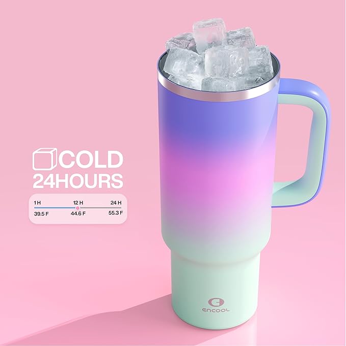 40 oz Tumbler with Handle and Straw: Stainless Steel Insulated Tumbler Keeps Cold for 24 Hours, Leakproof Travel Cup Fits in Cup Holder and BPA-Free, Frosted Lilac