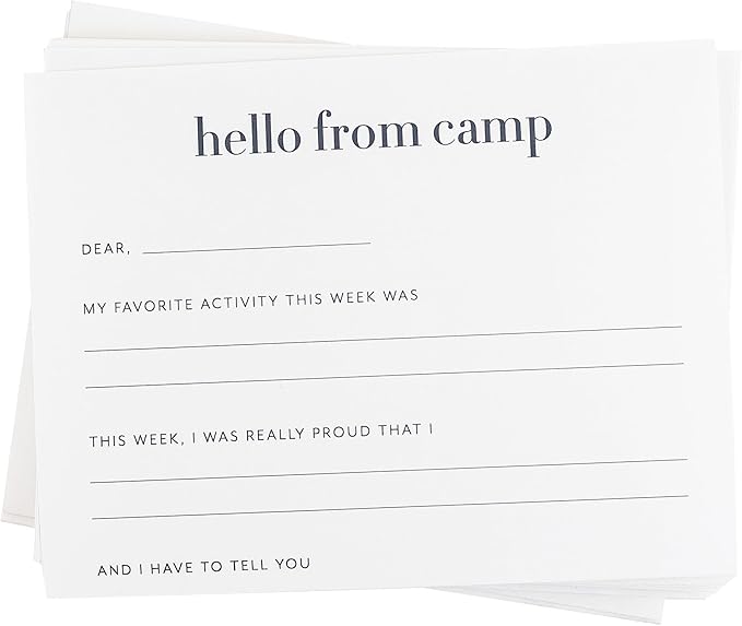 Sugar Paper Camp Notes Set, 12 Prompted Notes with Envelopes and Decorative Stickers, 6.25" x 2" x 5" Storage Box with Dividers, Letters From Camp