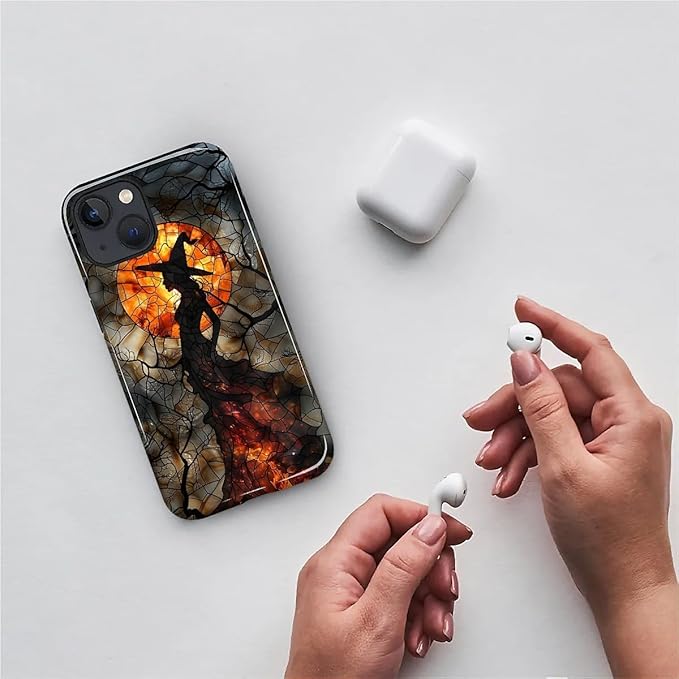 Case for iPhone 15 Case,Halloween Witch Moon Stained Glass Design - Hybrid Dual Protection Silicone + Hard PC Shockproof Full Body Cover Slim Anti-Scratch Protective Case for Men Women