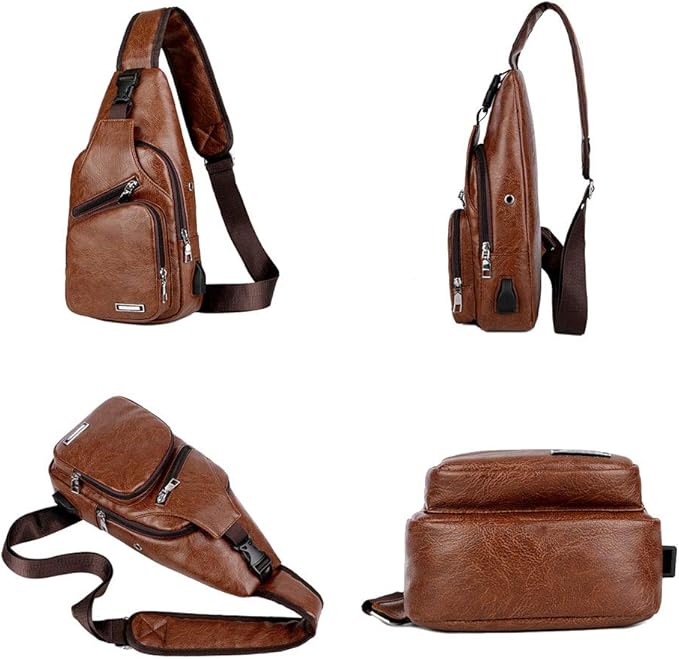 Peicees Leather Sling Bag Mens Crossbody Bag Chest Bag Sling Backpack for Men with USB Charge Port